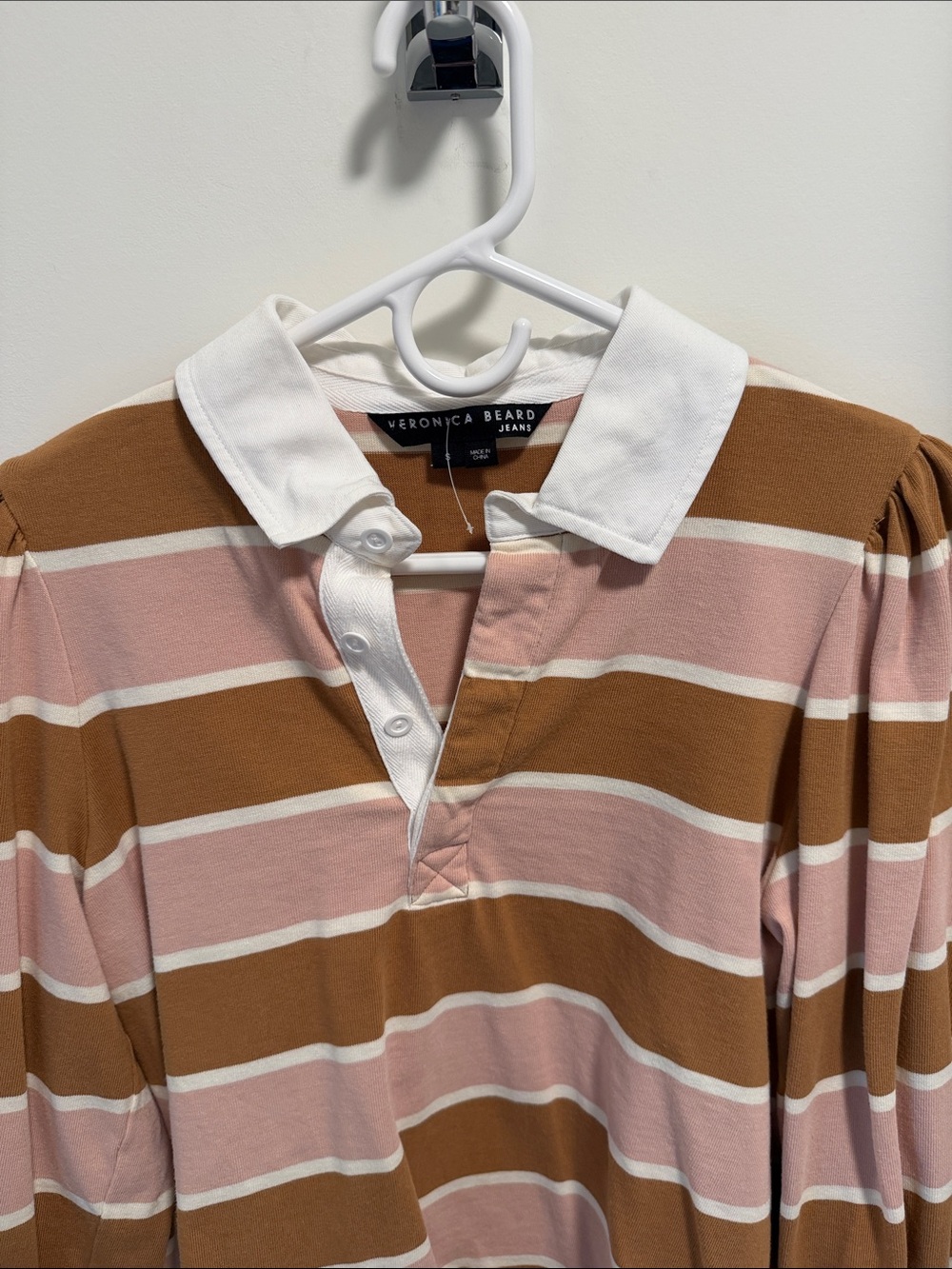 Veronica Beard Pink, Brown & White Striped Rugby Polo